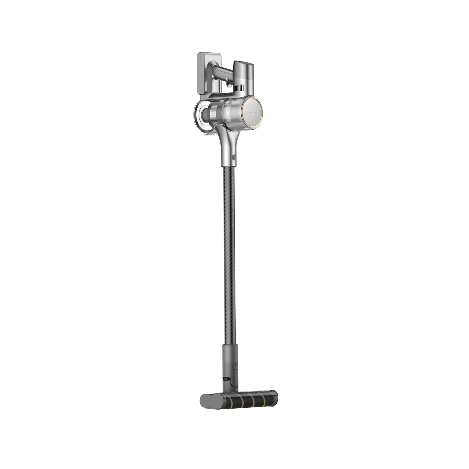 Silver and black cordless vacuum cleaner against white background.