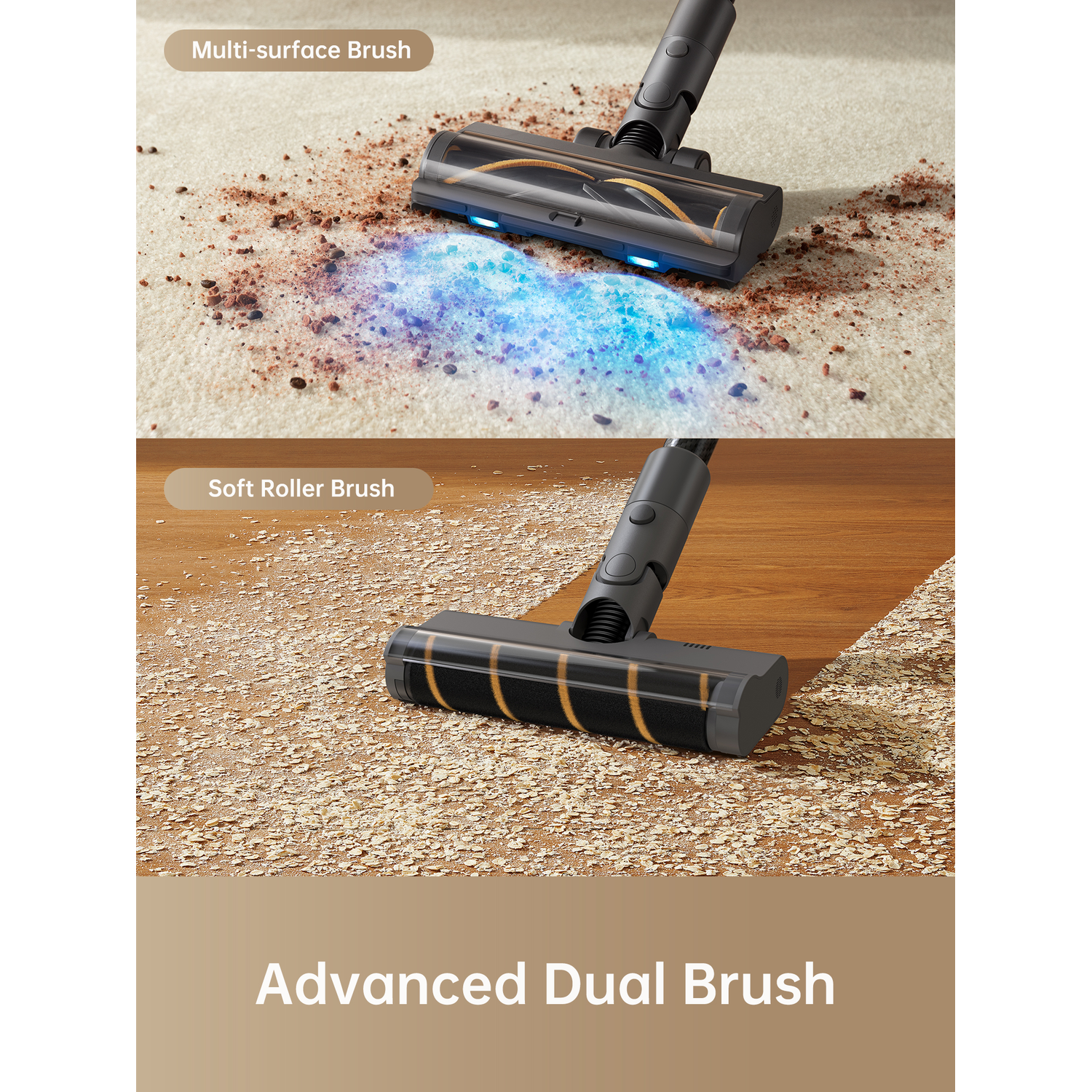 Two close-up shots of a vacuum cleaner head. One on carpet, one on wood.
