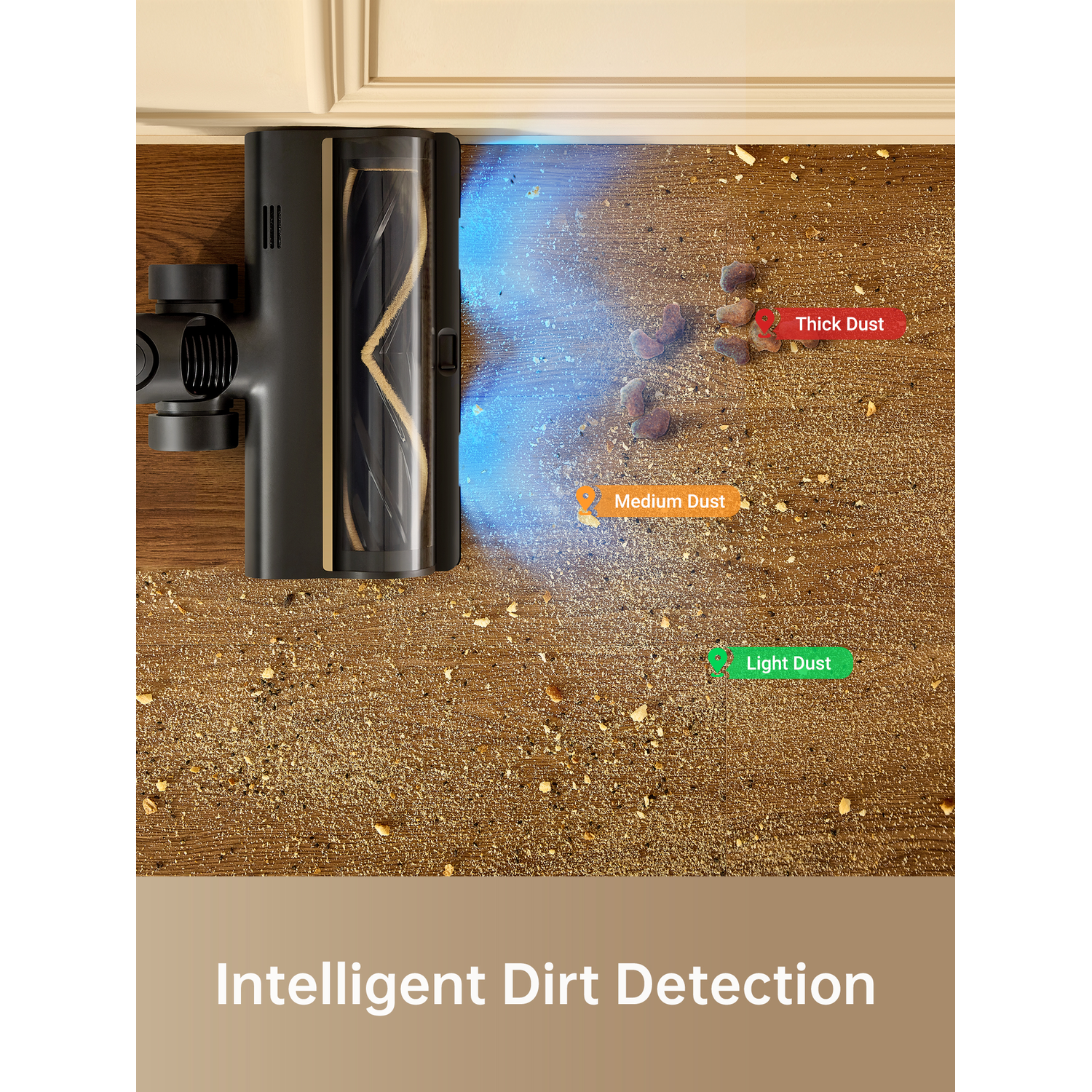 A vacuum cleaner head showing dust detection with labels: Thick, Medium, and Light Dust.