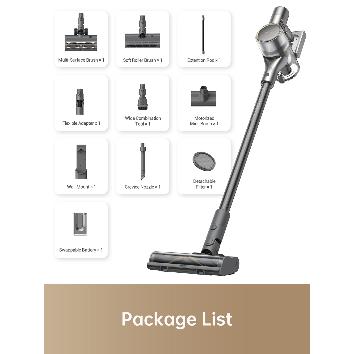 A vacuum cleaner and its accessories are arranged on a white background.