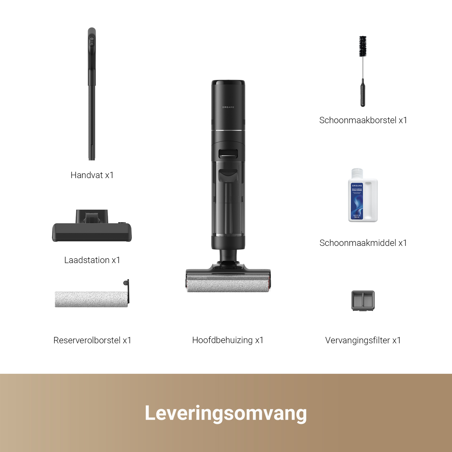 Vacuum cleaner components: handle, charging station, brush, and cleaning solution.