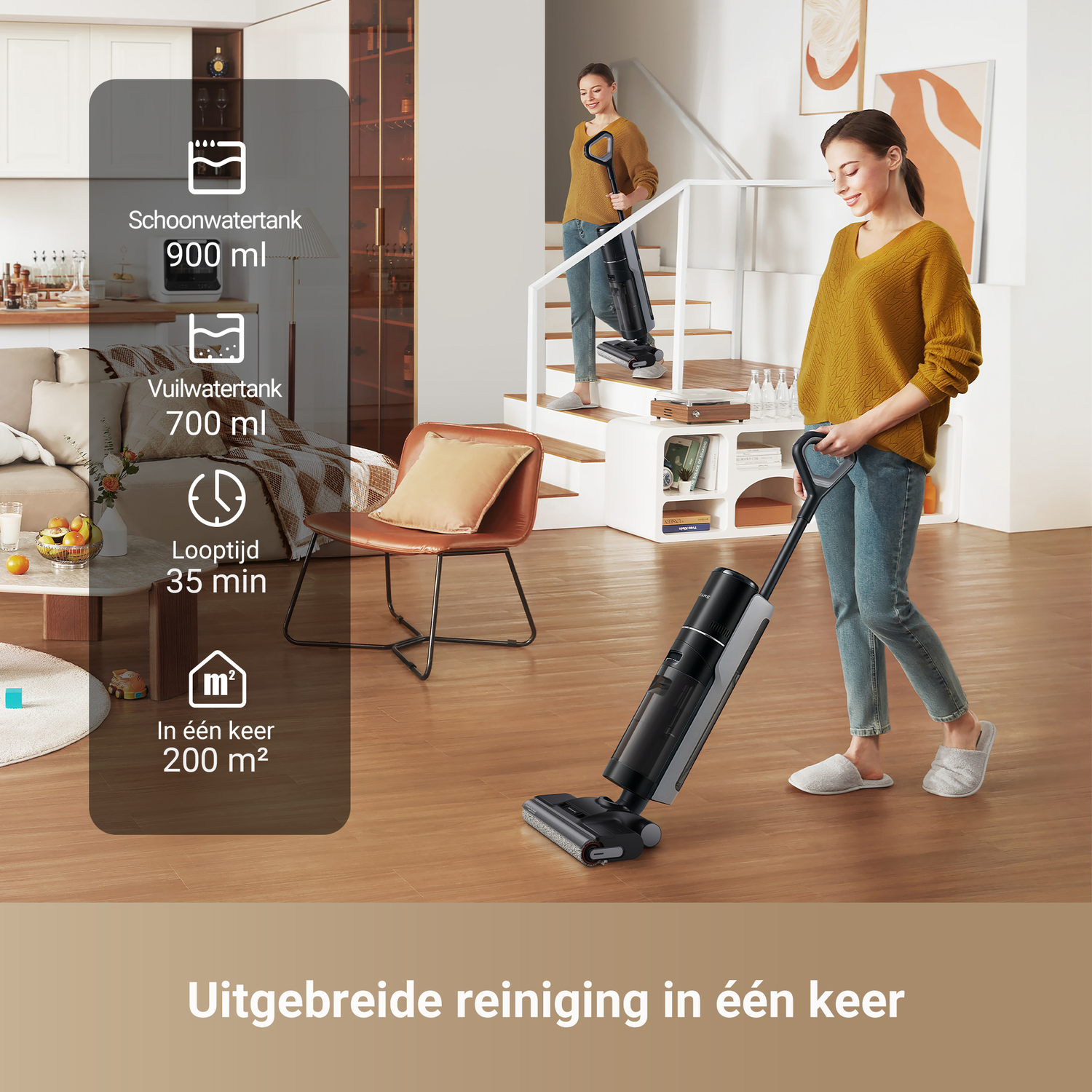 A woman vacuums a wooden floor with a black and silver vacuum cleaner. Text overlays indicate the vacuum's specs.