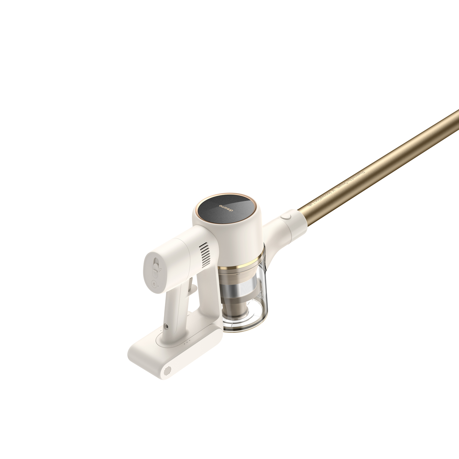 White and gold cordless vacuum cleaner, with a white charging base, isolated on white.