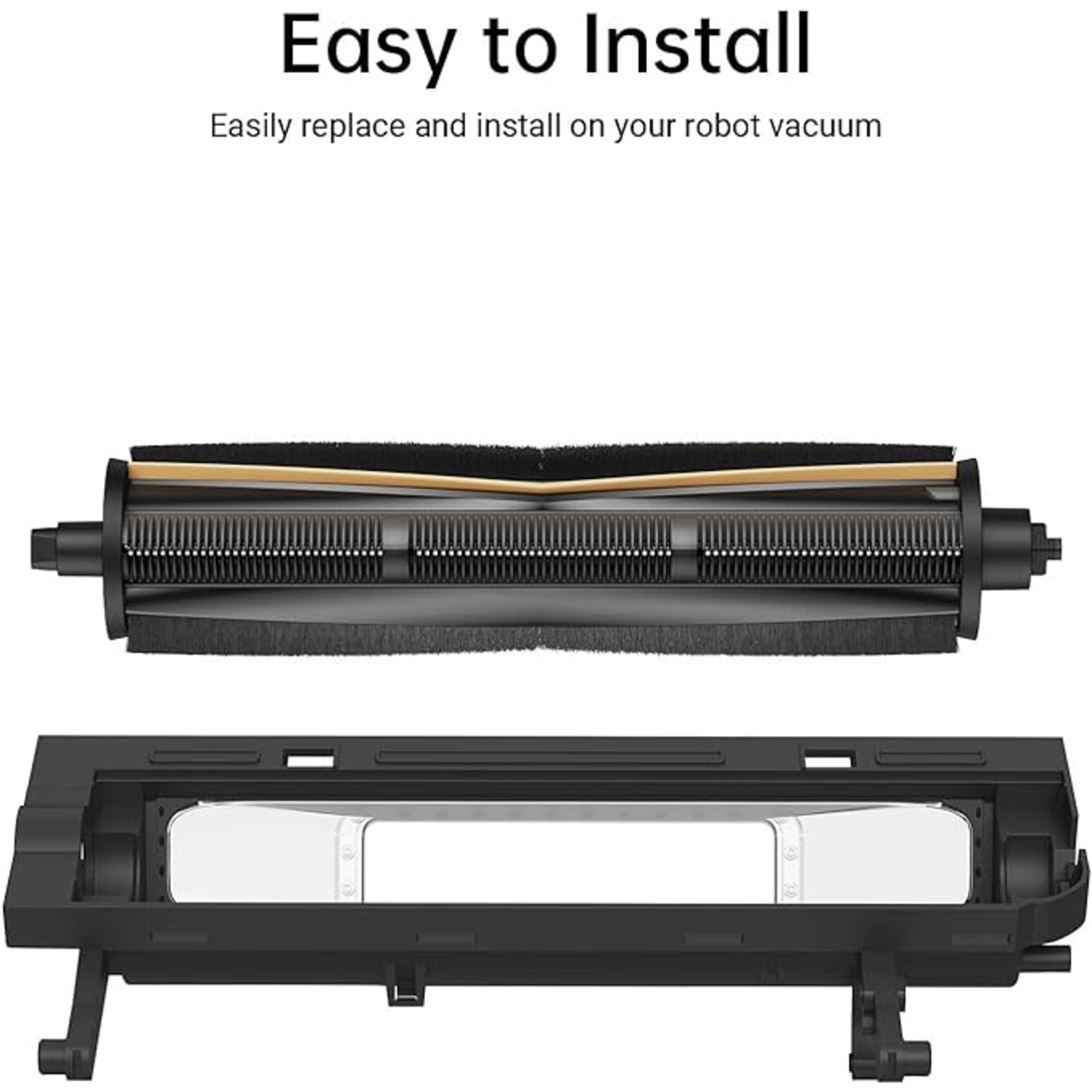Robot vacuum cleaner parts. Top and bottom brush assemblies. White background, text 'Easy to Install'.