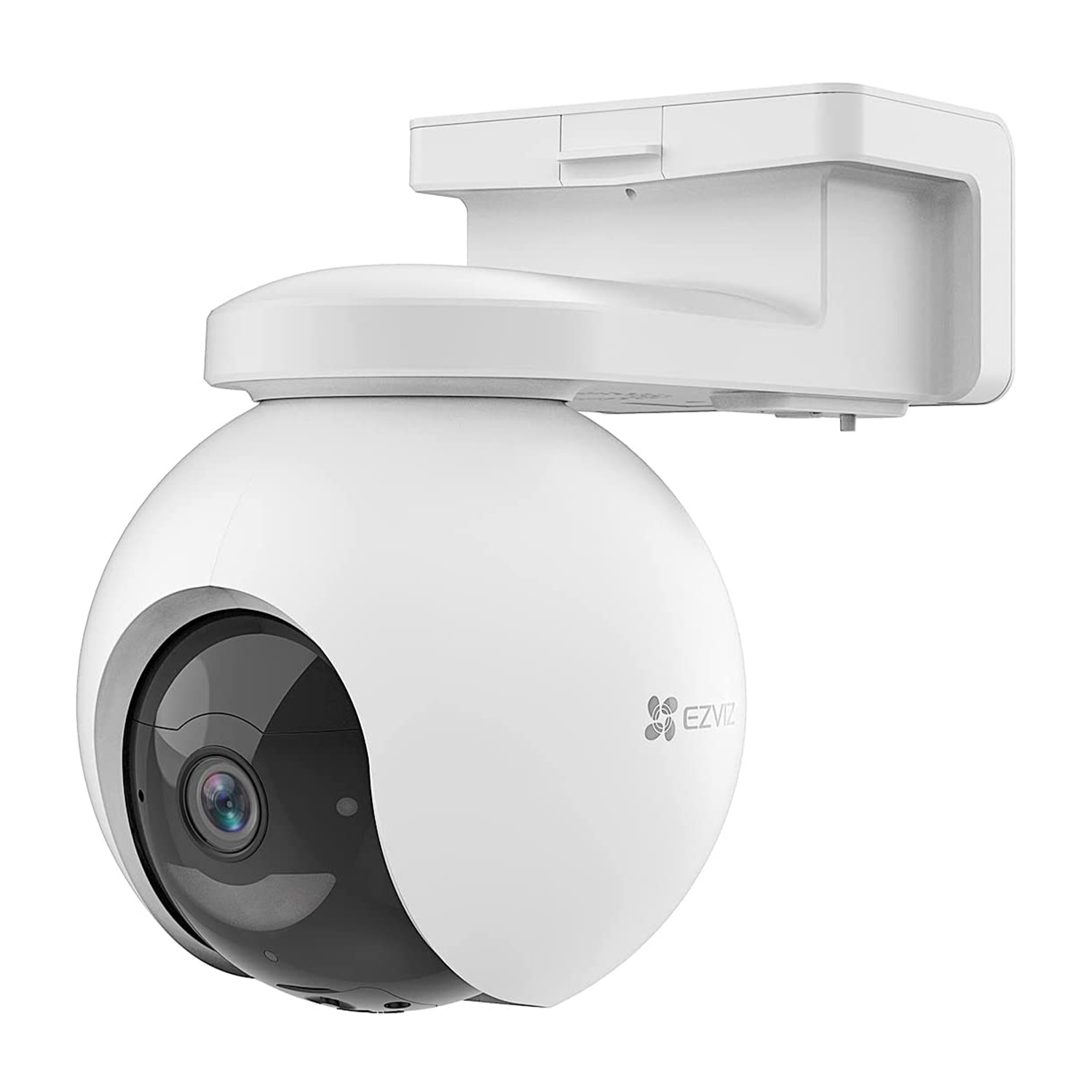 Telecamera a cupola bianca fissata a un supporto a parete bianco. Logo EZVIZ visibile.