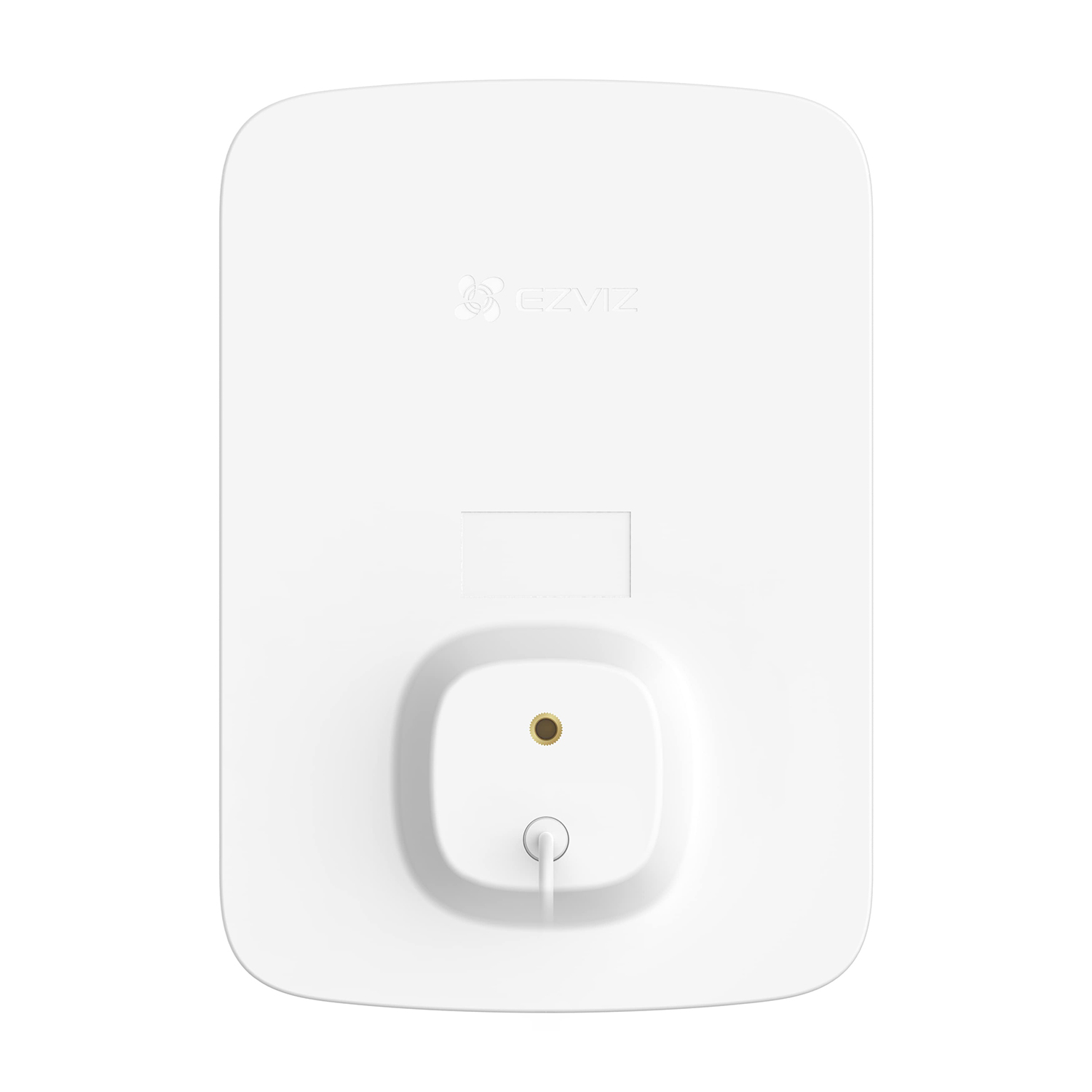 Un dispositivo per la casa intelligente bianco con una forma a rettangolo arrotondato. Ha una piccola apertura e una porta plug-in.