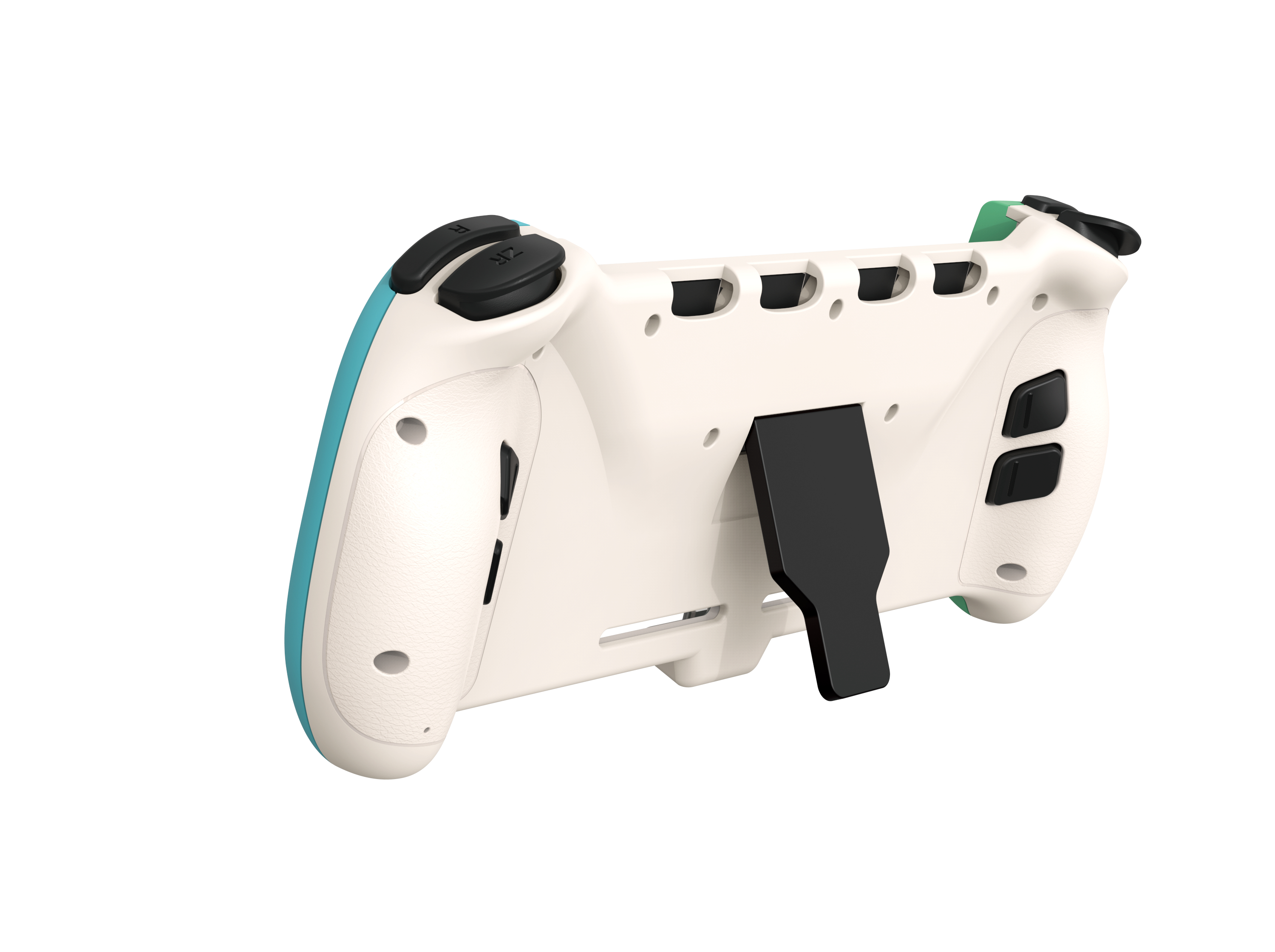 Weiß-türkisfarbener Gamecontroller mit schwarzen Knöpfen und einem Ständer. Der Controller wird von hinten gesehen.