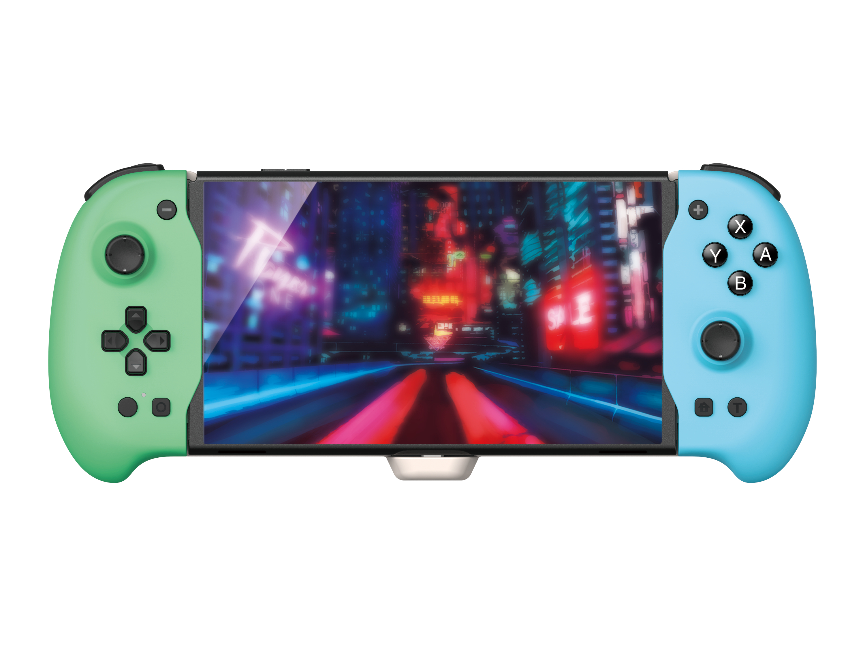 Spielkonsolen-Controller mit einem Bildschirm, der eine Stadt zeigt.