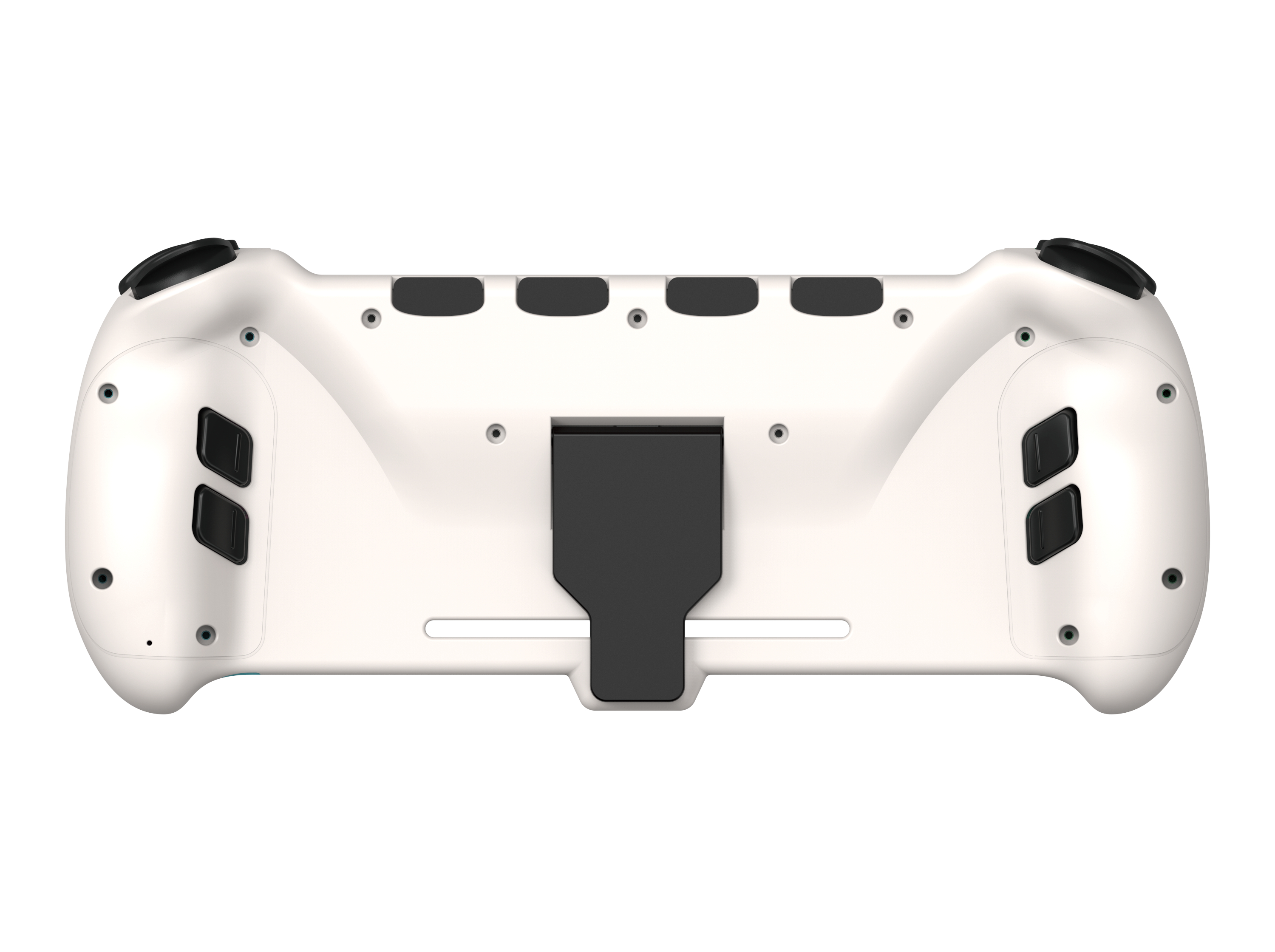 Weiße Gamecontroller-Rückansicht, mit Knöpfen und einem Ständer.