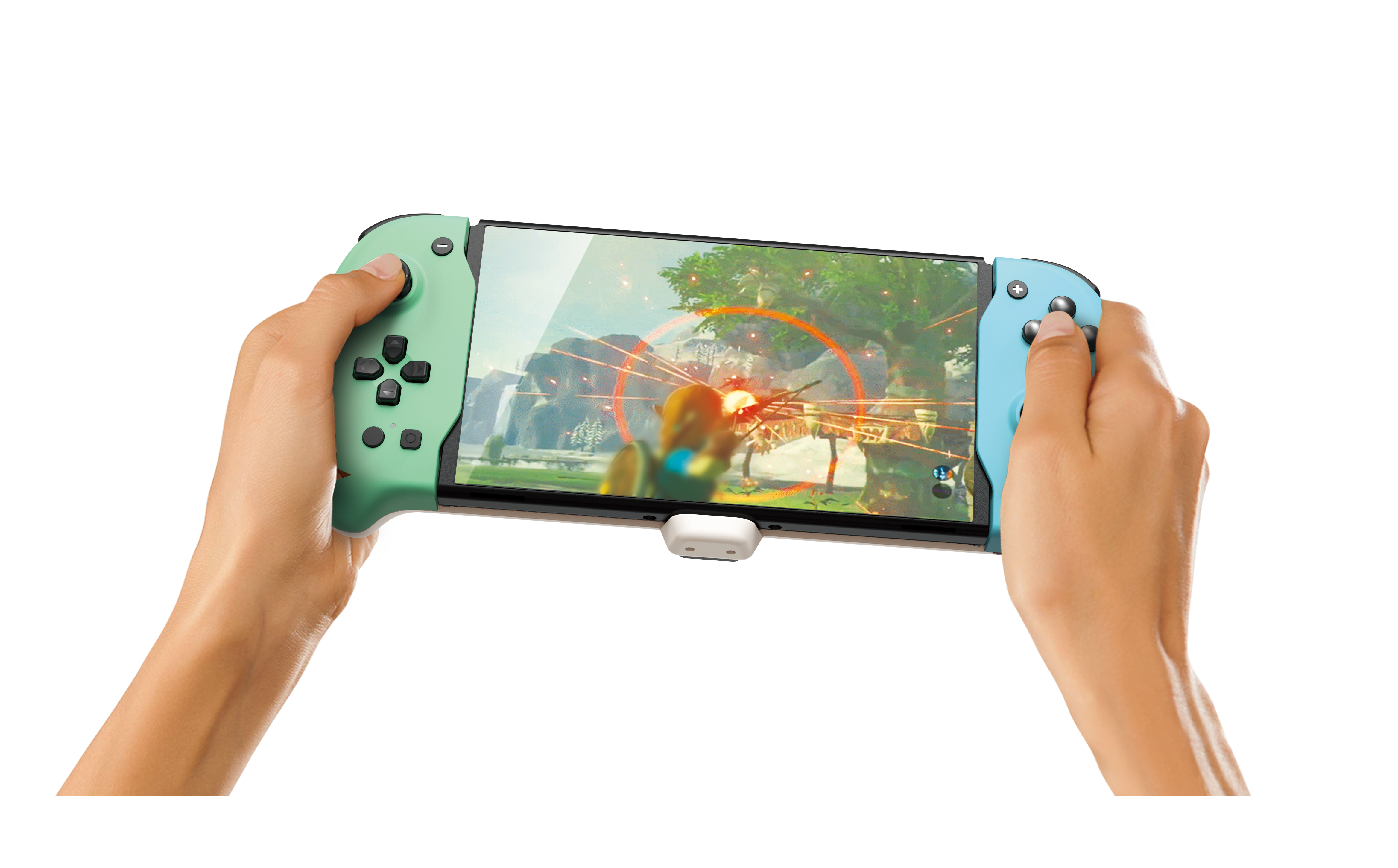 Hände halten eine Switch-Konsole, spielen ein Spiel mit hellem Bildschirm.