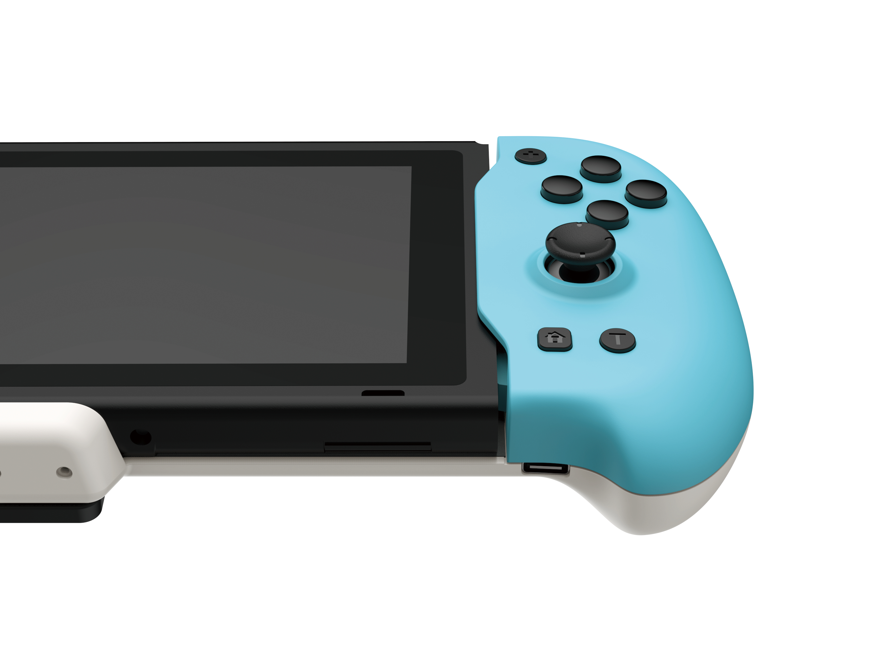 Himmelblaues und schwarzes Gamepad, das an einem schwarzen Bildschirm befestigt ist.