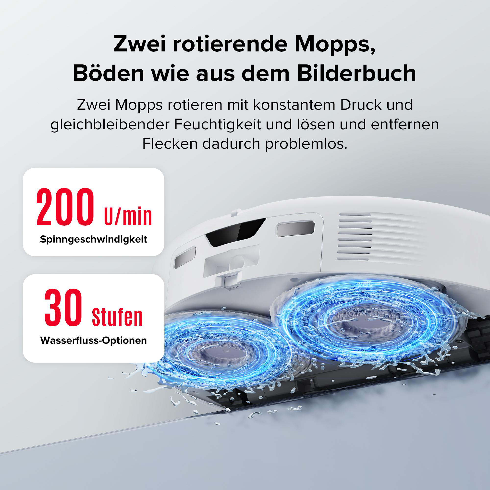 Roboter-Staubsauger mit Text, der den Reinigungsprozess beschreibt.