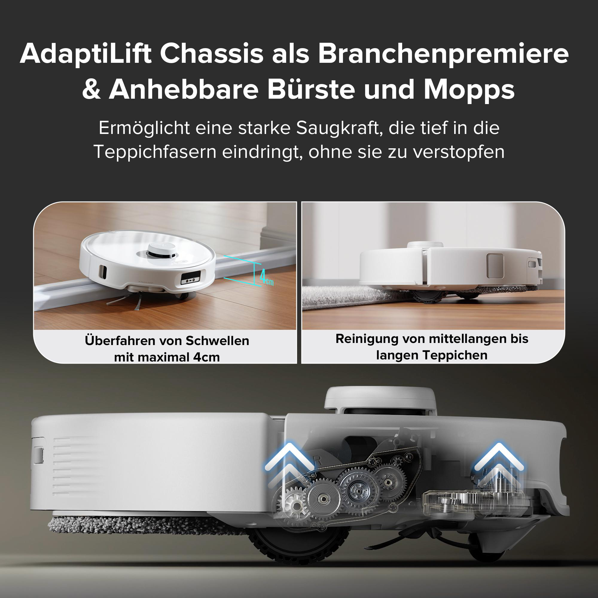 Roboter-Staubsauger mit zwei Bildern und einem Querschnitt mit Innenteilen.