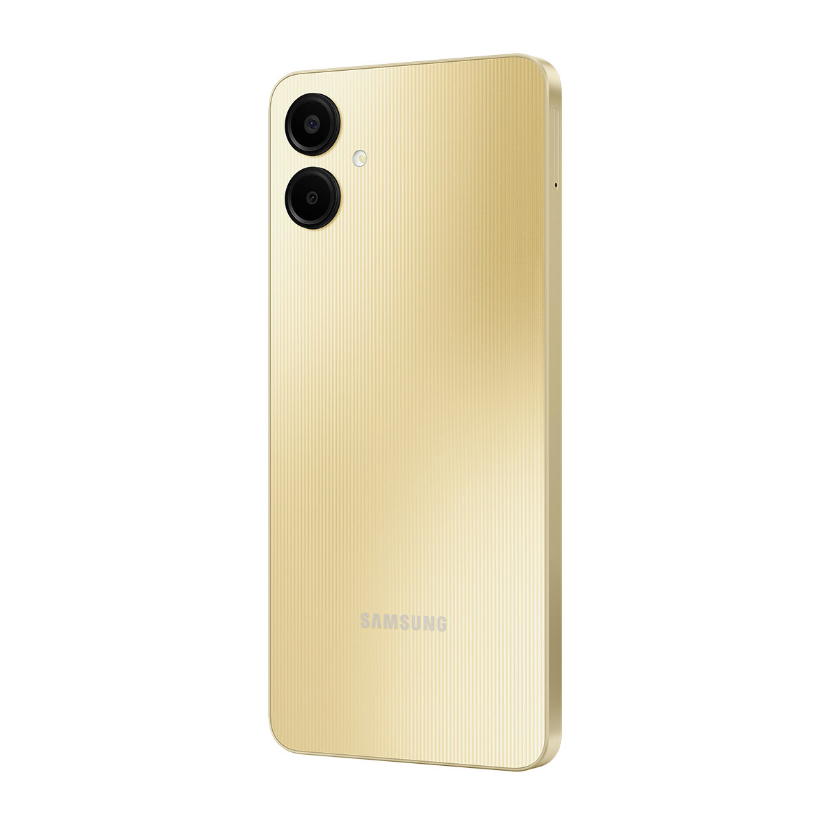 Çift kameralı altın rengi akıllı telefon arkası. Samsung logosu görünür.