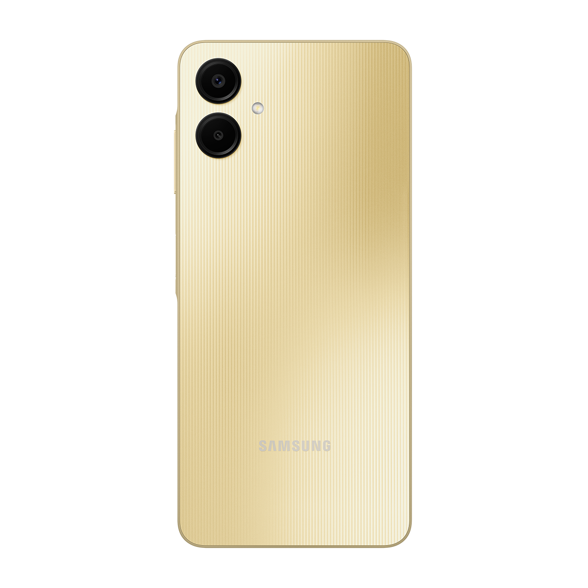 Çift kameralı ve Samsung logolu altın telefon arkası.