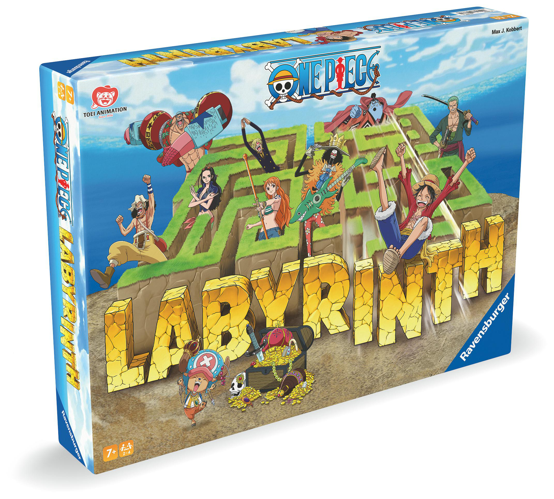 One Piece Labyrinth Brettspielbox. Charaktere auf einem Labyrinth-Design. Ravensburger Logo.