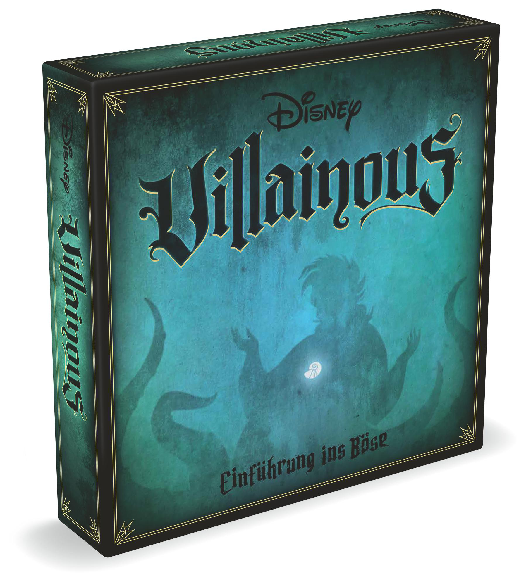 Disney Villainous Spielbox. Dunkelblau mit Schurken-Silhouette.
