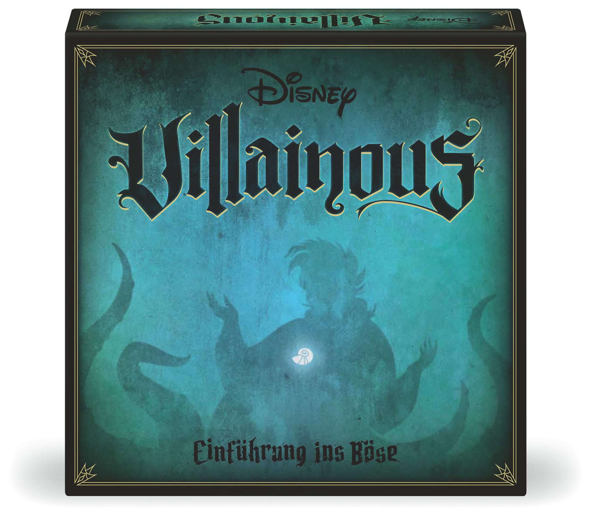 Die Spielbox von Disney Villainous. Es hat einen dunklen Hintergrund mit einer Silhouette eines Disney-Bösewichts.