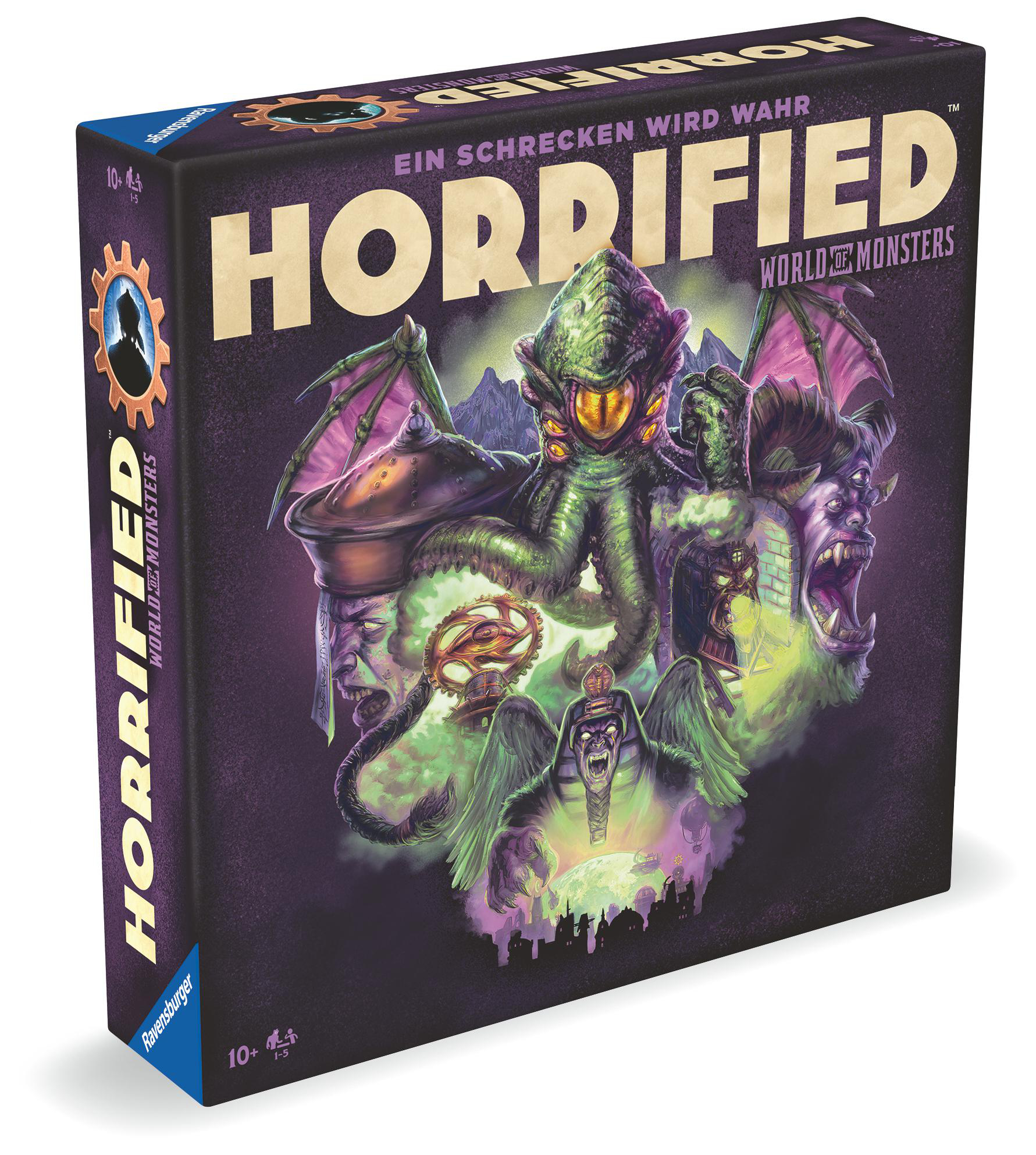 Schachtelkunst für das Brettspiel Horrified: World of Monsters, mit Monsterillustrationen.