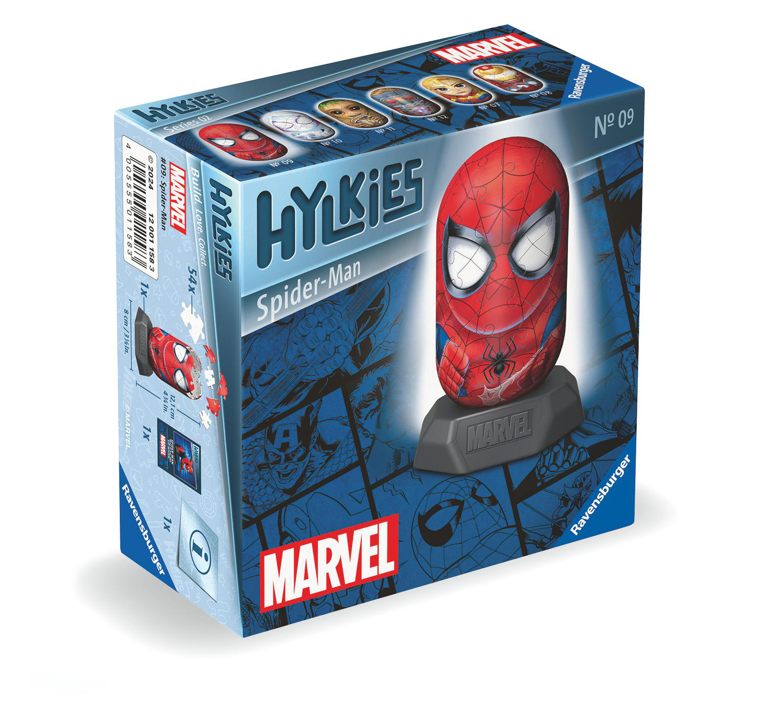 Eine HYLKKIES Spider-Man Puzzlebox, die das fertige Puzzle zeigt.