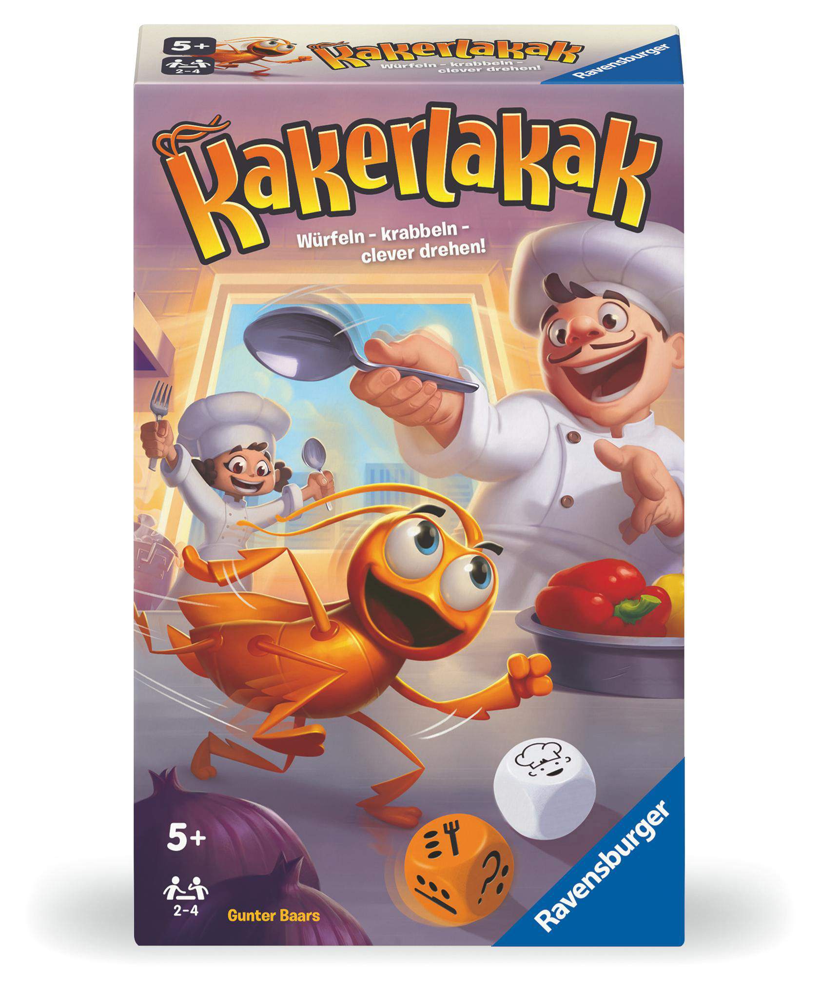 Brettspielbox mit Koch, Kakerlake, Würfeln und Küchenumgebung.