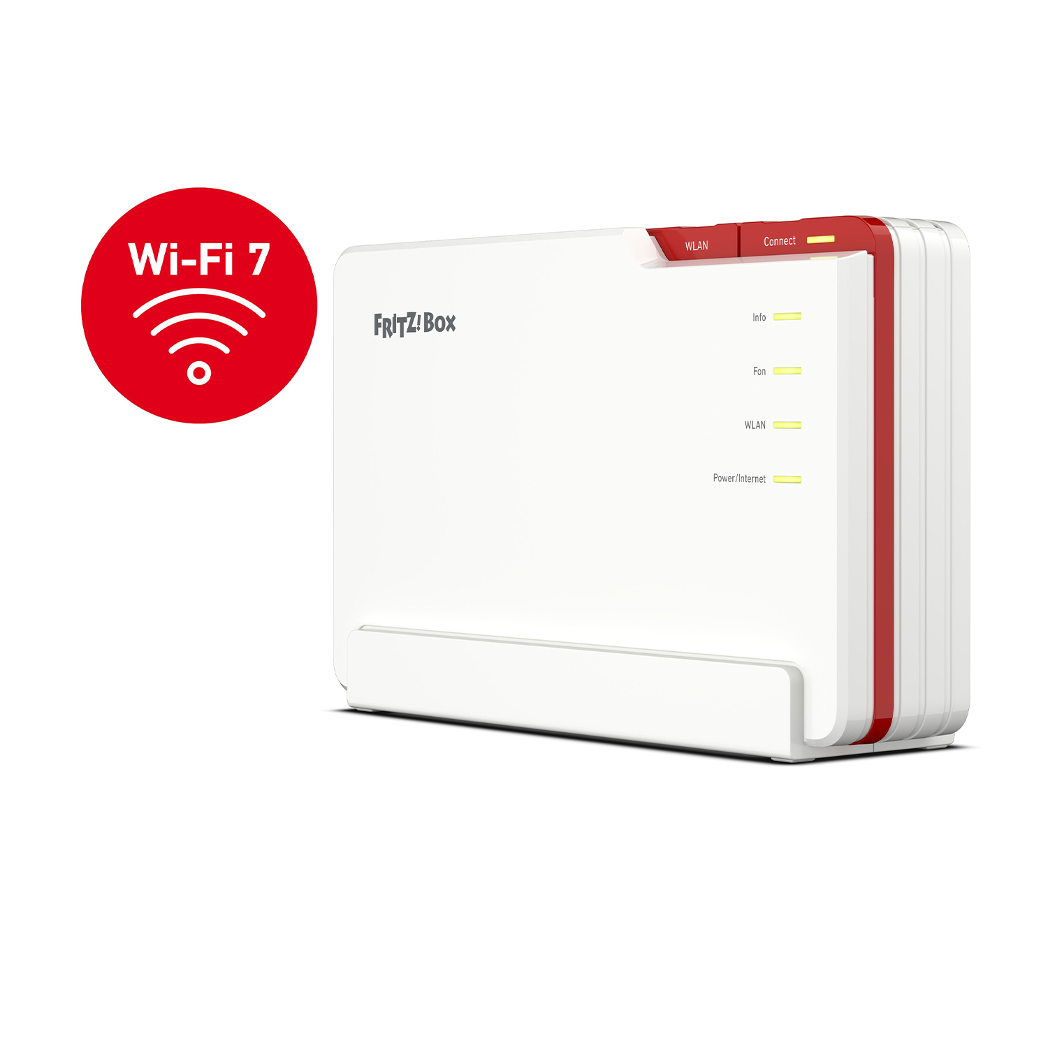 Un router Wi-Fi con simbolo Wi-Fi 7, design rosso e bianco.