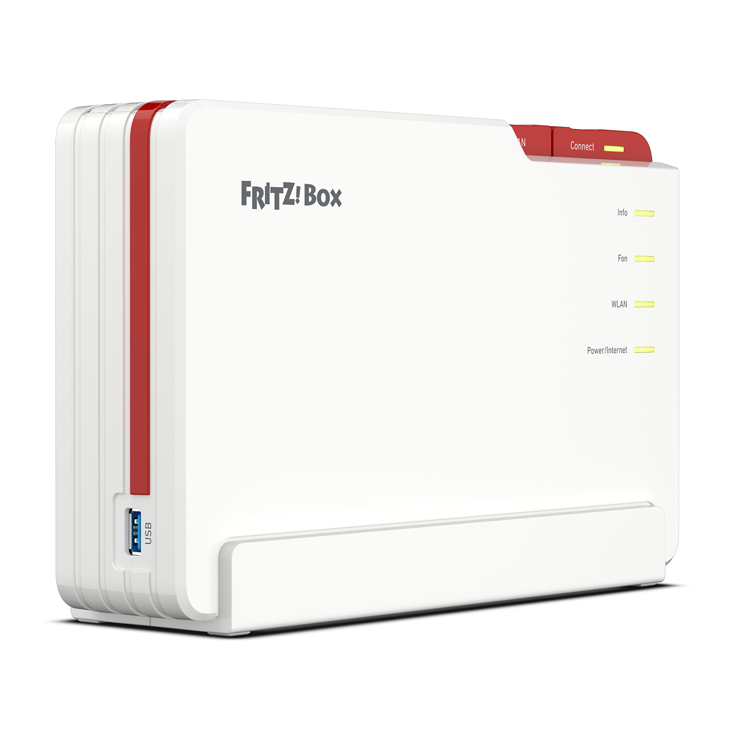 Un router FRITZ!Box bianco e rosso. Ha una porta USB e diverse spie.