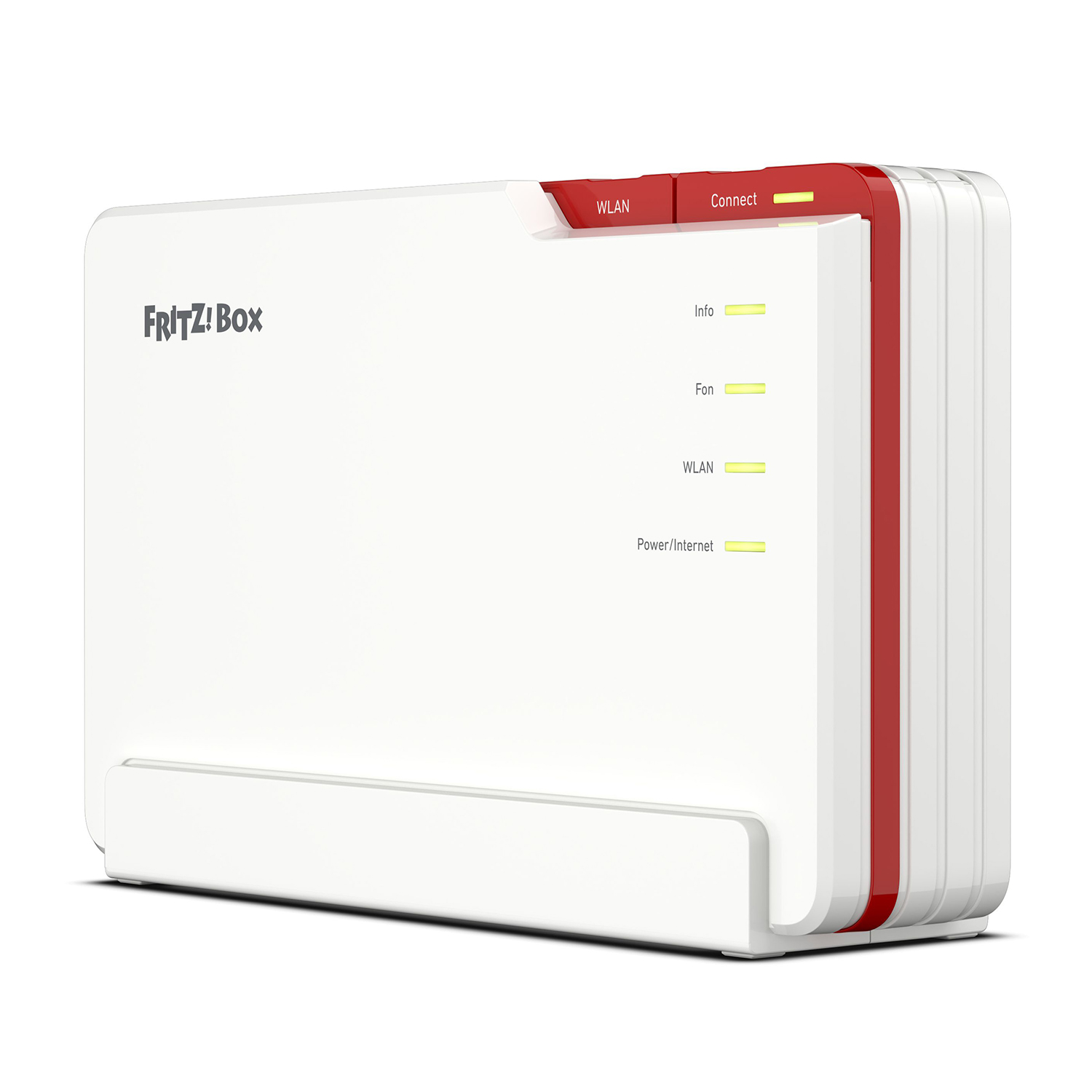 Un router AVM Fritz!Box bianco e rosso, in piedi. Ha spie luminose.