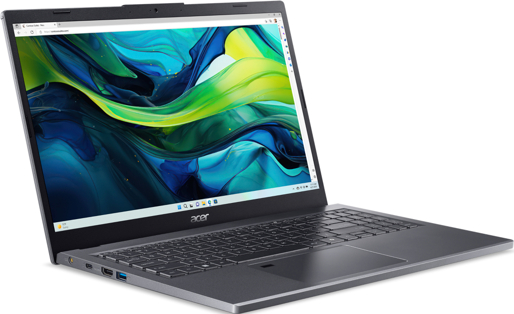 Laptop mit grauem Gehäuse, geöffnet und angewinkelt. Bildschirm zeigt Website. Tastatur und Touchpad sichtbar.