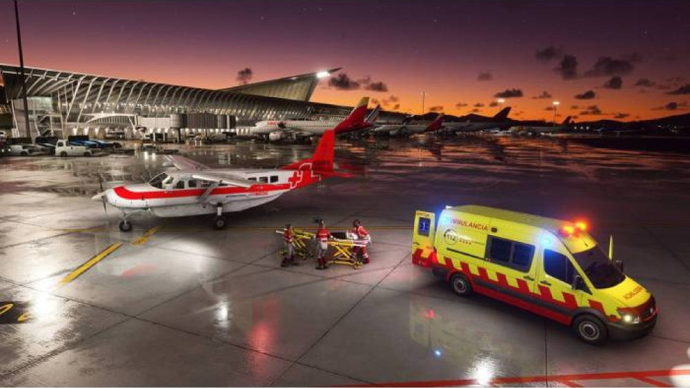 Scène d'aéroport au crépuscule avec une ambulance, un avion et du personnel médical. Couleurs du coucher de soleil.