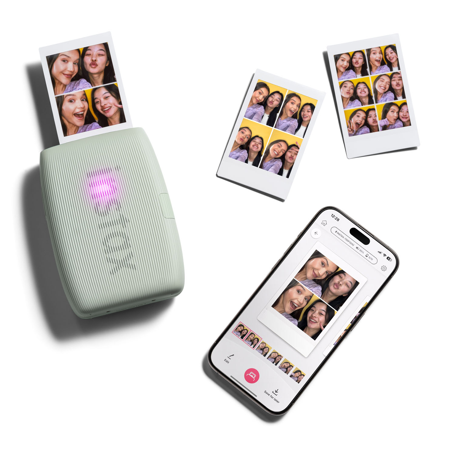 Stampante fotografica e foto stampate, smartphone con interfaccia.