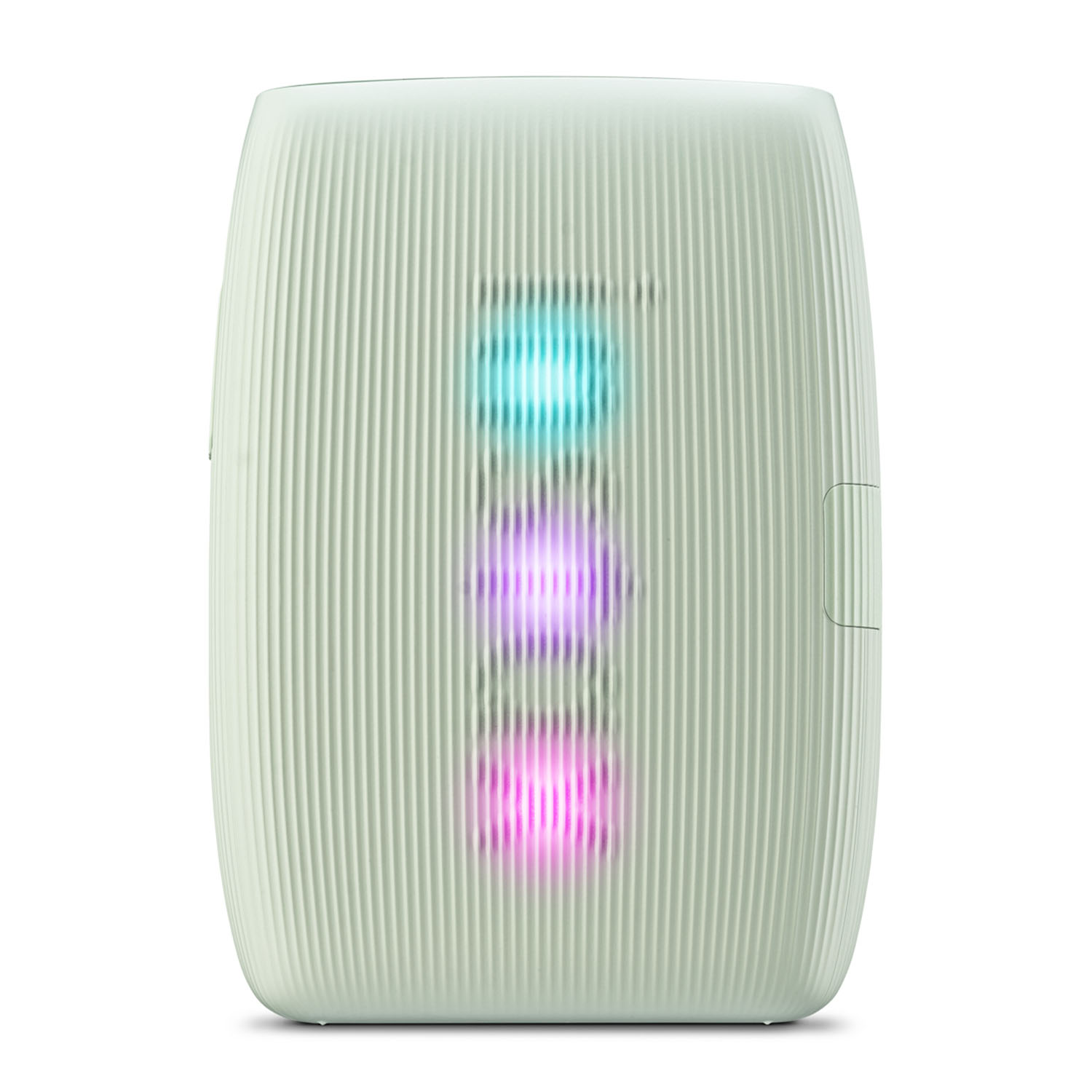 Purificatore d'aria bianco con strisce verticali e tre indicatori di colore luminosi: blu, viola, rosa.