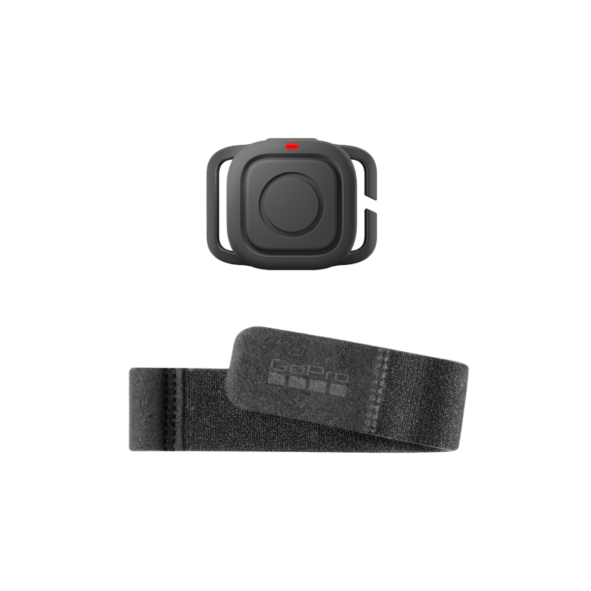 Ein schwarzes GoPro-Gerät mit einem Armband. Der Hintergrund ist schwarz.