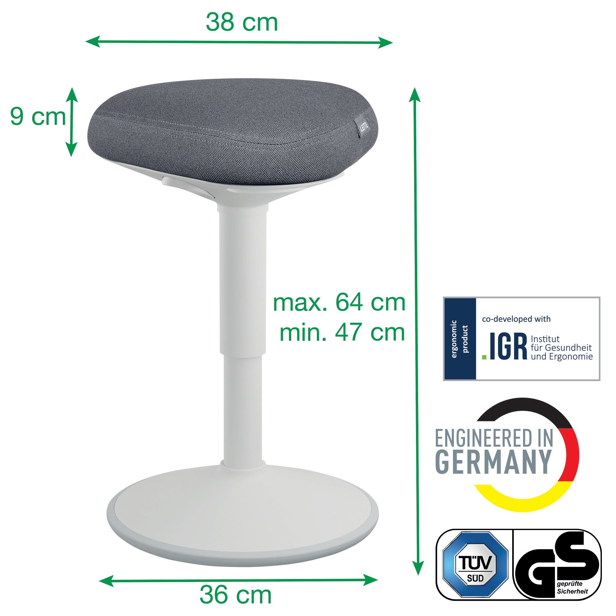 Grau-weißer ergonomischer Hocker. Maße: 38x9x36 cm. Höhenverstellbar. IGR-Produkt. Entwickelt in Deutschland.