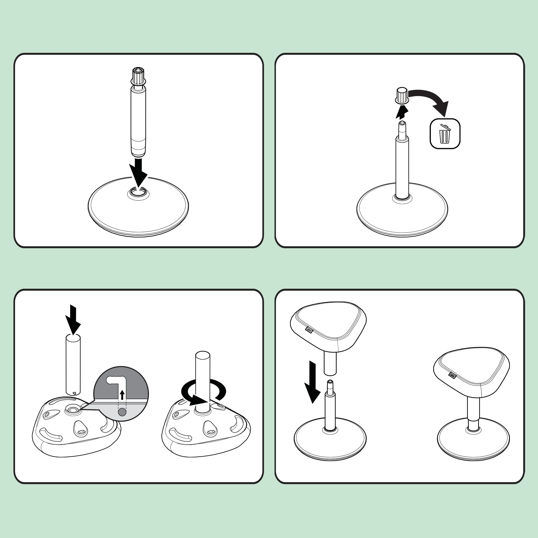 Diagramm, das die Montageschritte eines Hockerfußes und -pfostens zeigt.