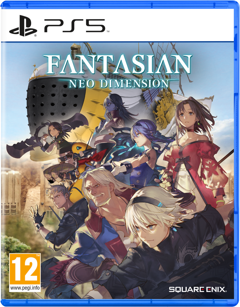 PS5 game cover: Fantasian, met een groep anime-achtige personages en een blauwe rand.