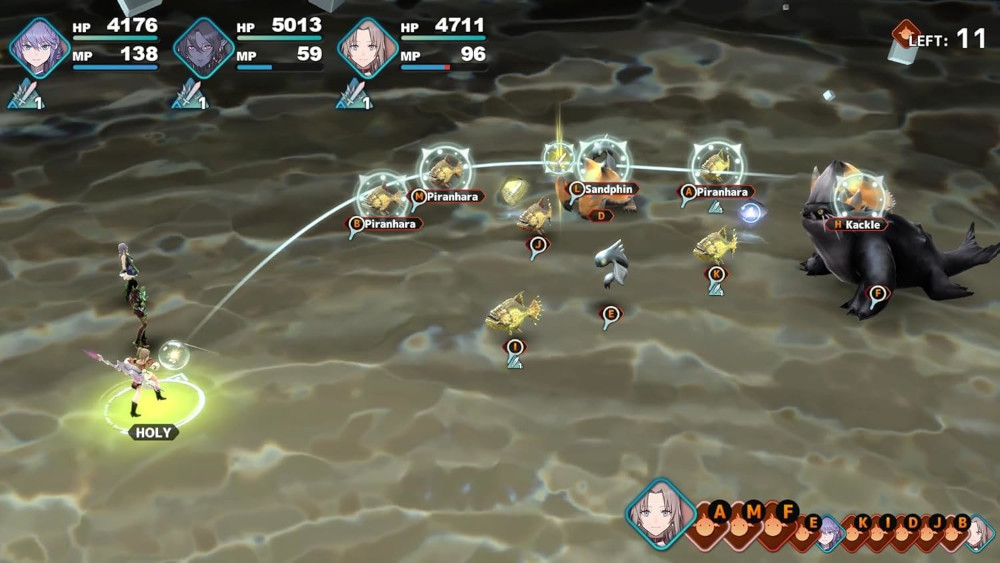 Gameplay-scherm van een spel met personages die monsters bevechten in een waterige omgeving.