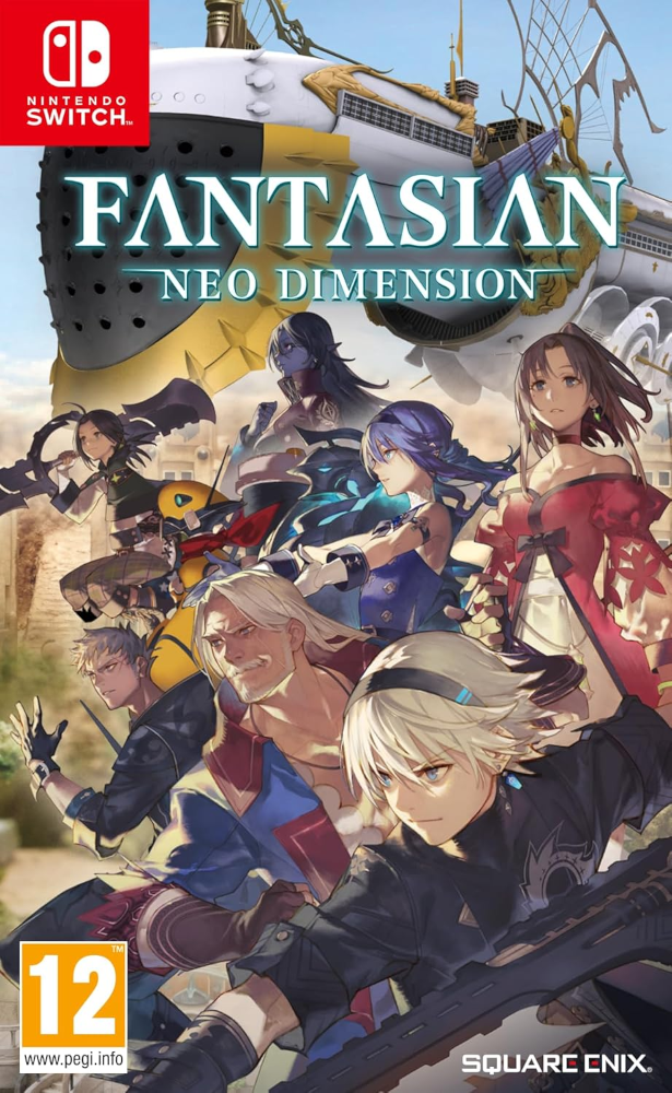 Gamecover van 'FANTASIAN NEO DIMENSION' voor Nintendo Switch. Anime-achtige personages en een schip.