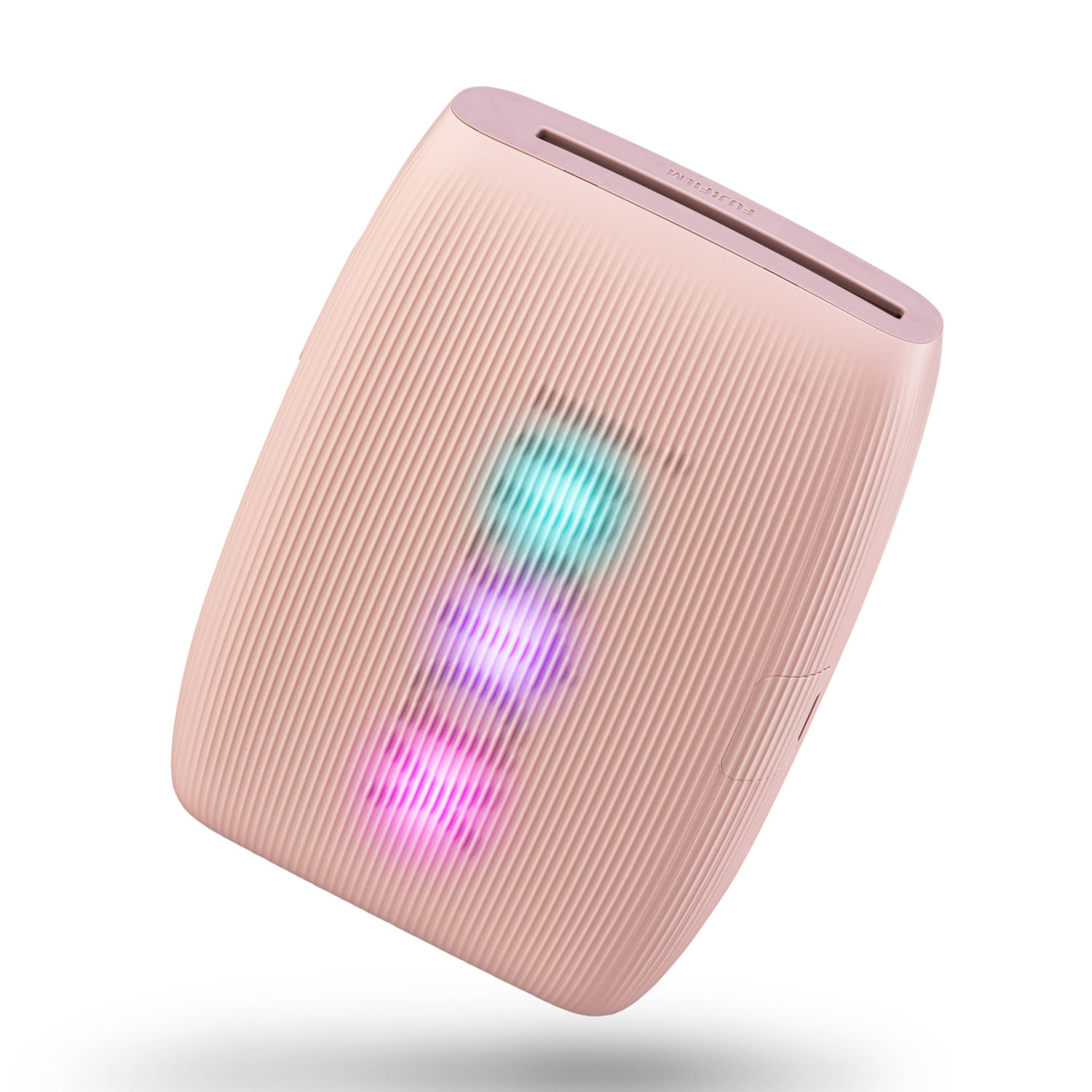 Stampante rosa a coste con luci luminose. La stampante è inclinata, mostrando la parte superiore e laterale.