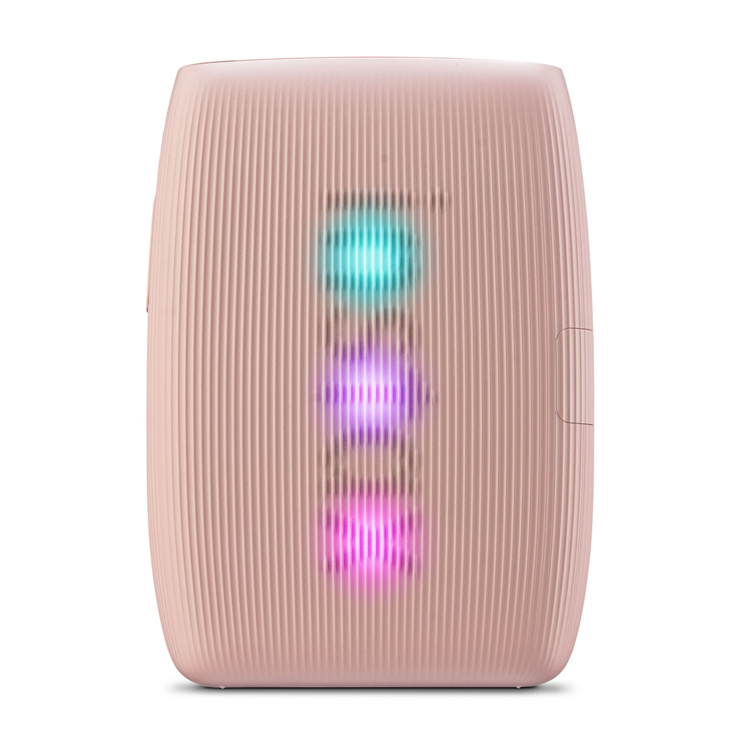 Un altoparlante rosa con tre luci colorate accese al centro: turchese, viola e rosa.