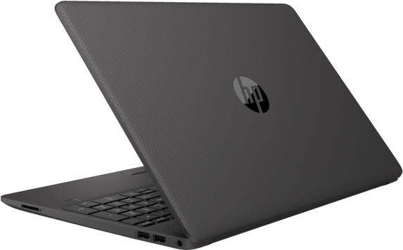 Sötétszürke laptop hátulja. HP logó látható. Fekete háttér.