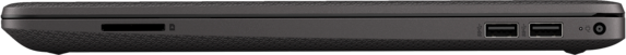 Egy fekete laptop oldalsó nézete, amely az SD-kártya nyílást, az USB-portokat és a tápcsatlakozót mutatja. Fekete felület.
