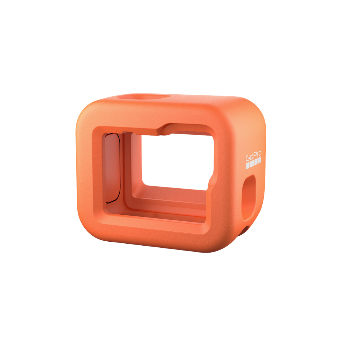 Orangene Schutzhülle für eine GoPro-Kamera. Quadratisch mit Öffnungen für Linse und Knöpfe.