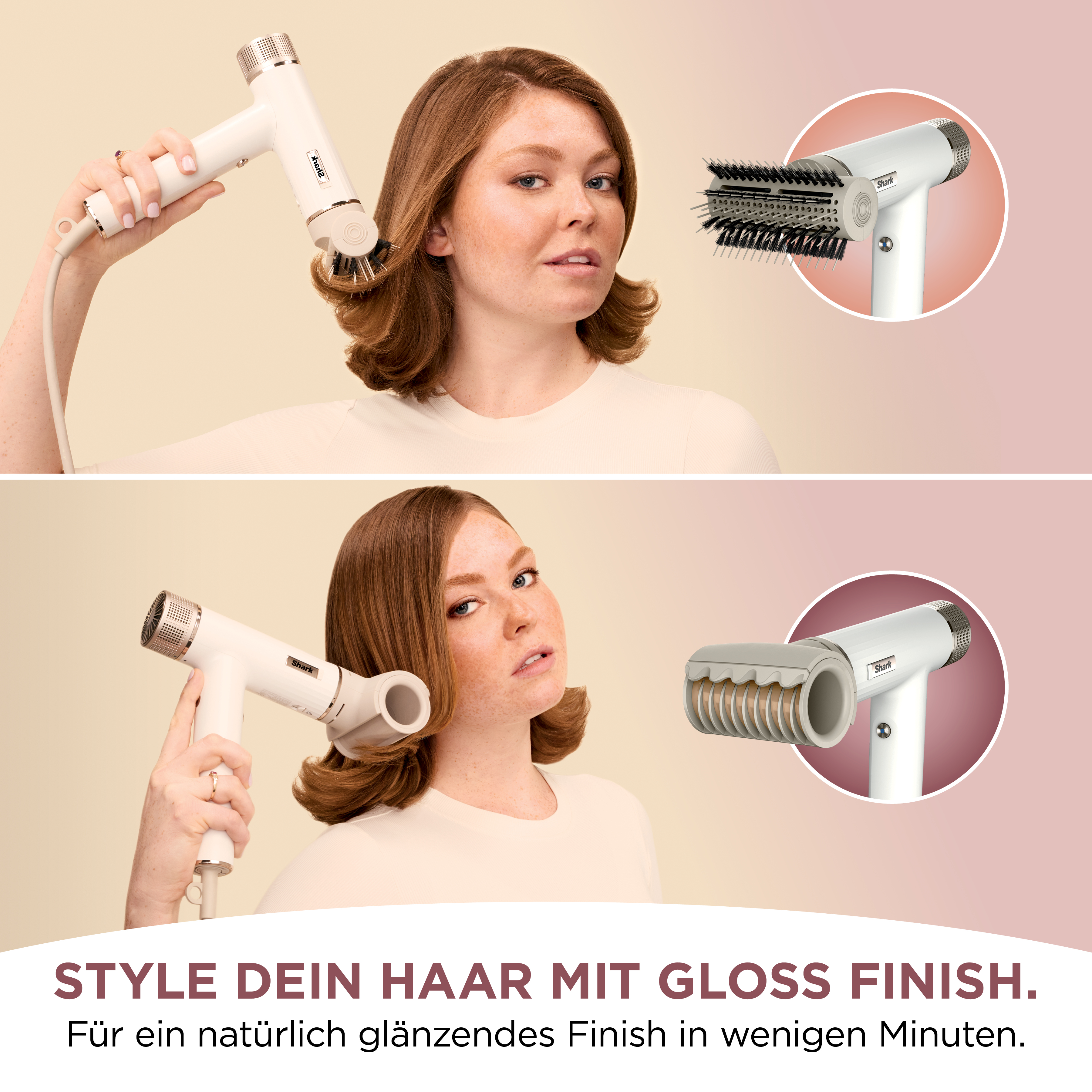 Frau benutzt einen Haartrockner, mit Aufsätzen.