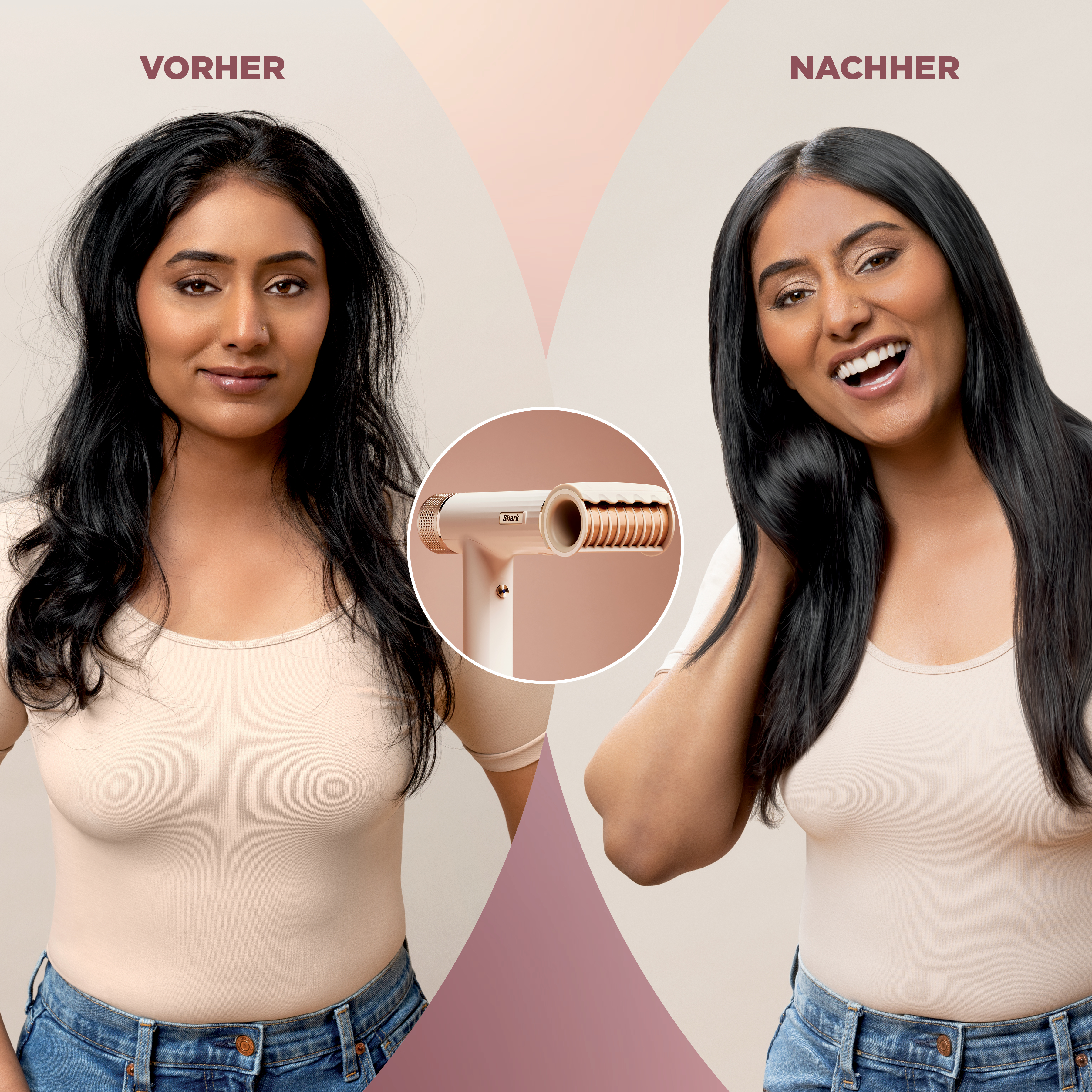 Vorher-Nachher-Vergleich des Haares einer Frau. Vorher: kraus. Nachher: glatt. Haarstyling-Werkzeug in der Mitte.