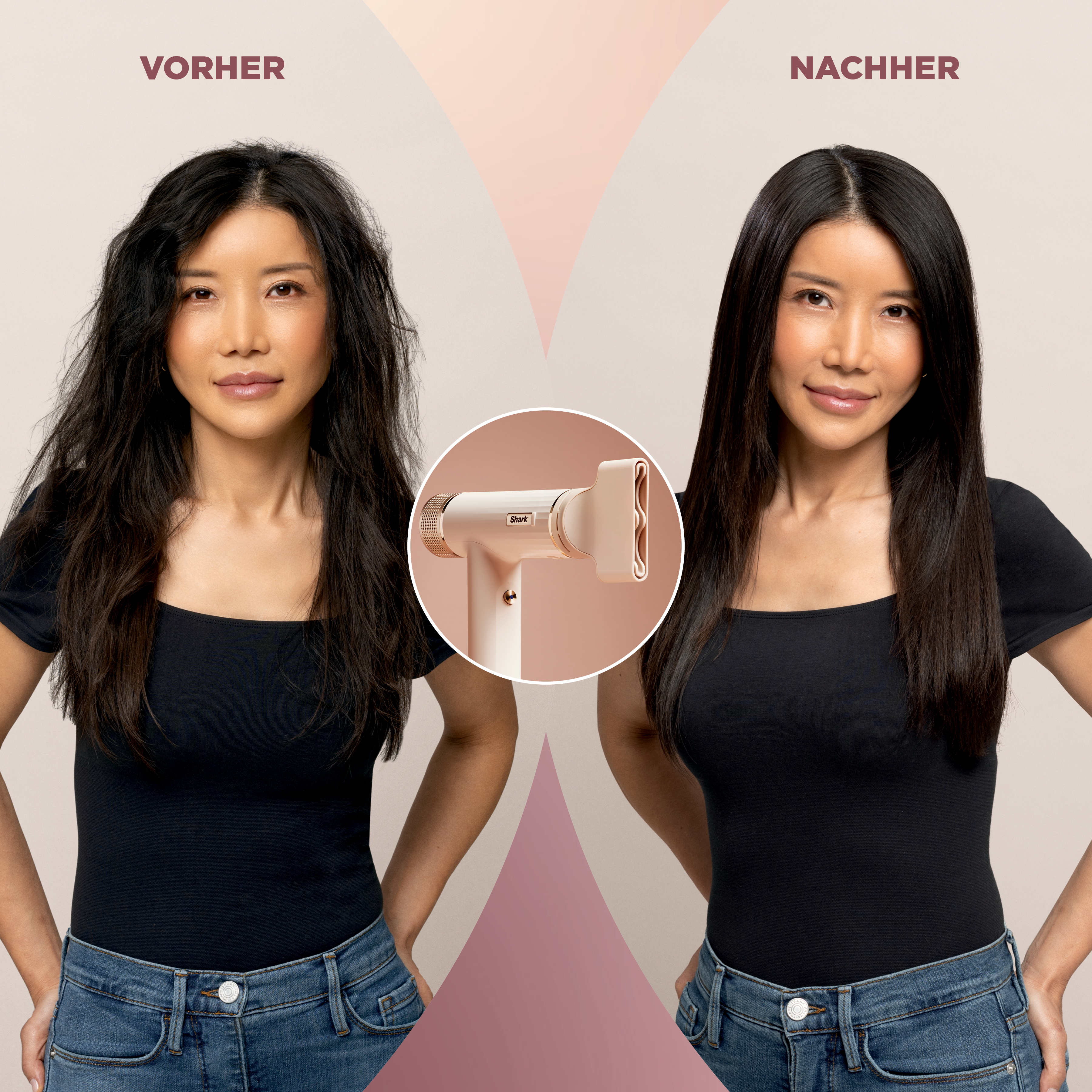 Frau mit krausem Haar vor und nach der Verwendung eines Haarstyling-Tools.