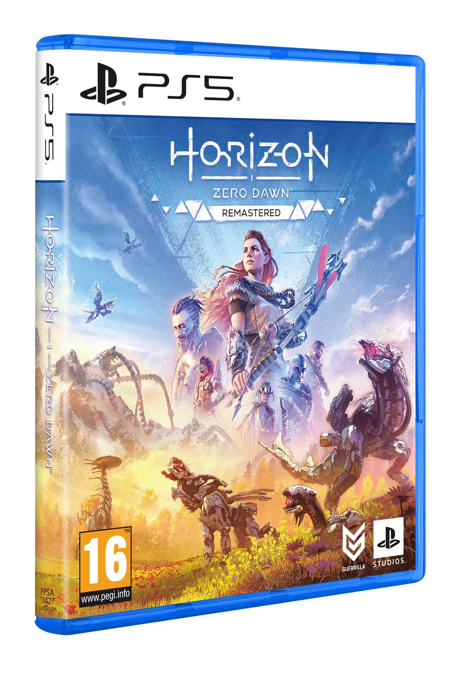 PS5-Spielbox: Horizon Zero Dawn Remastered. Enthält Aloy, Roboter und blauen Himmel. Enthält eine PEGI 16-Bewertung.