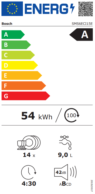 Egy Bosch mosogatógép energia címkéje. A címke A energiahatékonysági osztályt mutat.