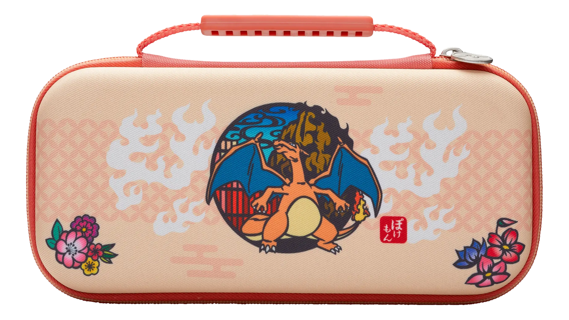 Ein pfirsichfarbenes Nintendo Switch-Etui mit Charizard in einem Kreis, umgeben von Flammen- und Blumendesigns. Oben befindet sich ein Griff.