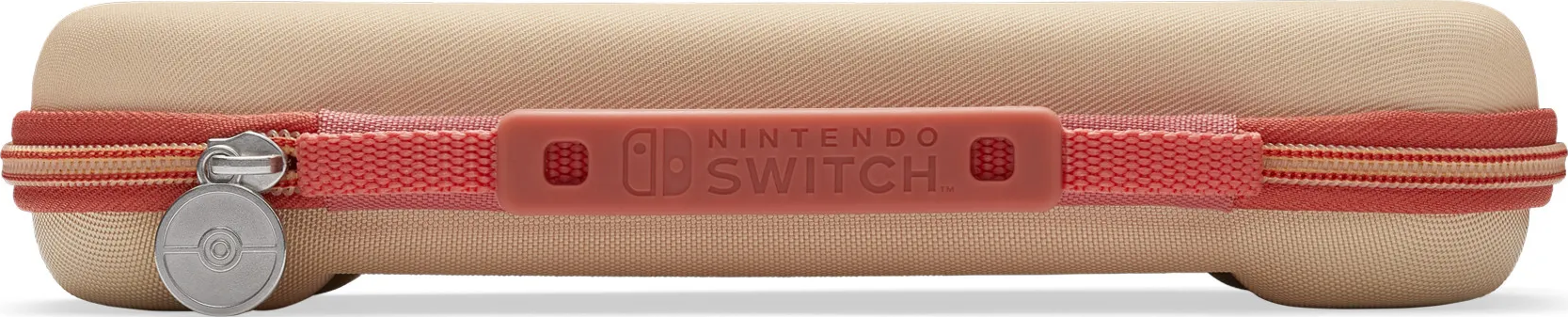 Hellbraune Nintendo Switch-Hülle mit roten Akzenten und einem Pokémon-Anhänger.